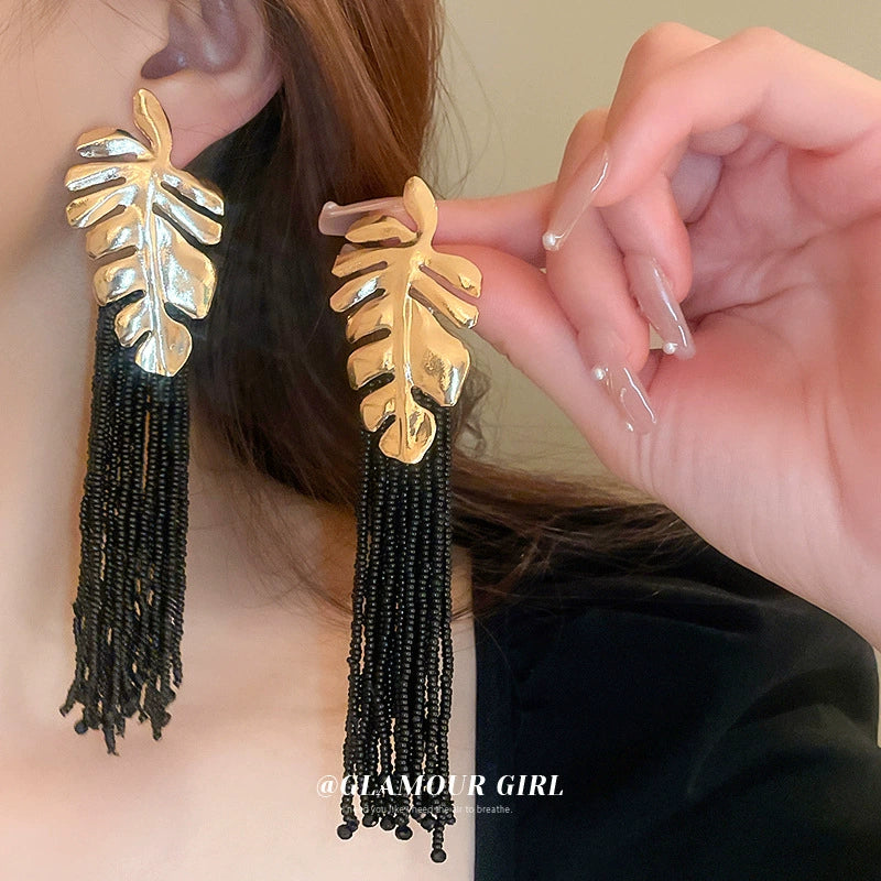 Leaf Bead Tassel Earrings Fashion Elegant Silver Needle