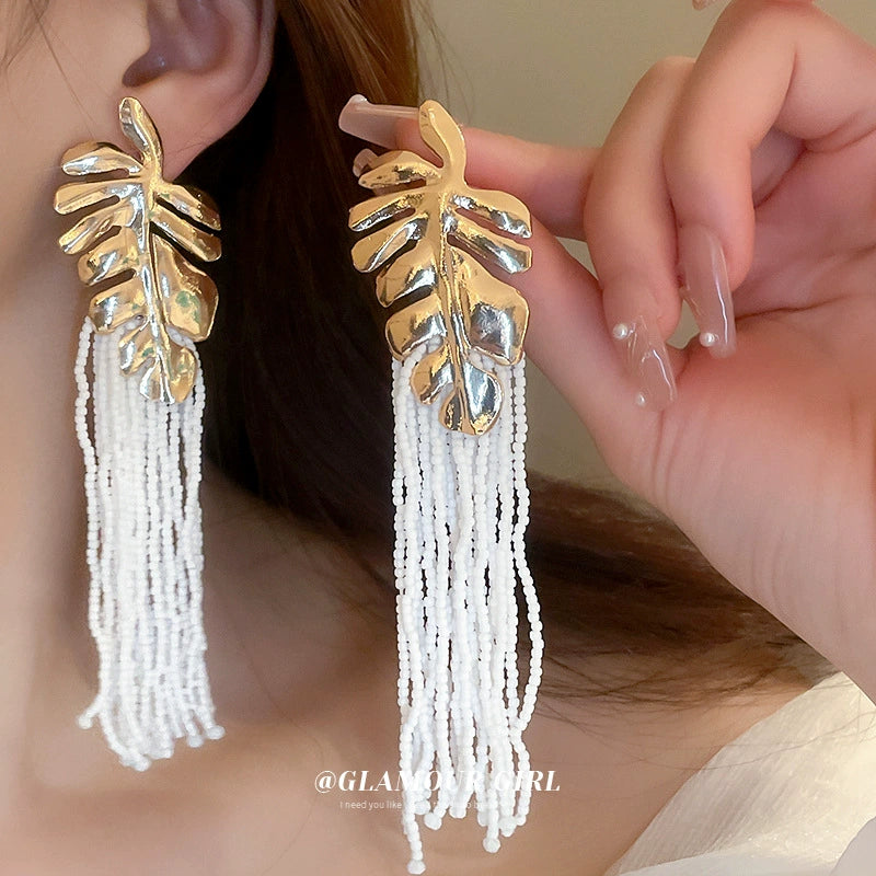 Leaf Bead Tassel Earrings Fashion Elegant Silver Needle