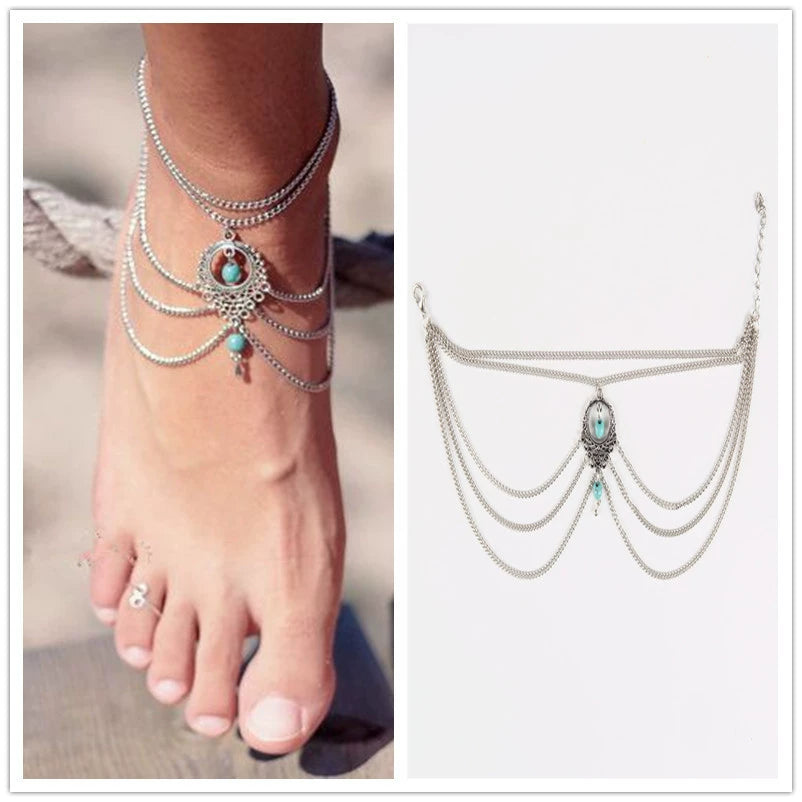 Bohemian Turquoise Tassel Anklet