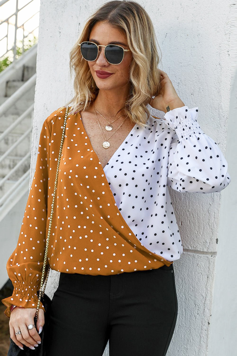 Polka Dot Surplice Neck Lantern Sleeve Blouse