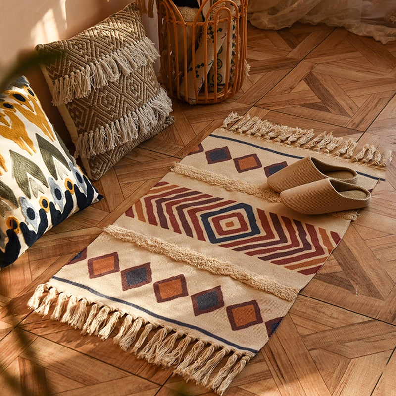 60x90cm Retro Bohemian Hand Woven Tassel Carpet