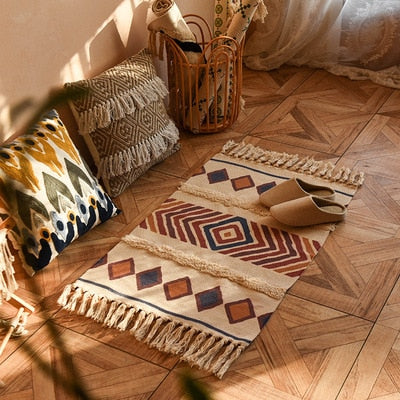 60x90cm Retro Bohemian Hand Woven Tassel Carpet